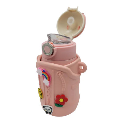 Coco Cap Fun Charm Steel Thermal Bottle w/ Sleeve & Straw - Pink