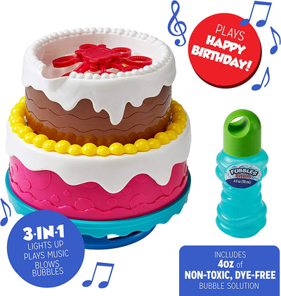 Little Kids Fubbles Bubble Machine Birthday Cake with Lights and Happy Birthday Song, Includes Bubble Solution