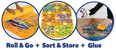 EuroGraphics Puzzle Accessory Combo Kit Includes Roll & Go Mat 6 Stackable Trays & A Bottle of Glue (2000Piece) 6 oz, Yellow