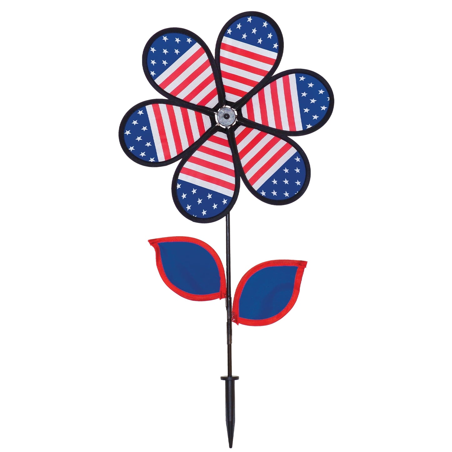 In the Breeze 2788 — Patriotic Flower Spinner with Leaves, 12-Inch — Colorful Stars and Stripes Wind Spinner for Yards and Gardens