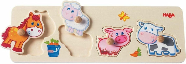 HABA Baby Farm Animals Clutching Puzzle - 4 Piece Jumbo Knob Wooden Puzzle for Ages 1 and Up