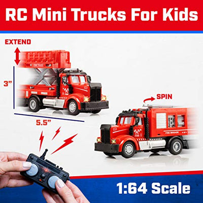 Force1 Mini RC Firetrucks Toys for Kids - 2 Pack Remote Control Kid Fire Trucks Toy Set with Mini Spray and Lift Toy Fire Trucks for Boys or Girls, Rechargeable 2.4GHz Remote Toy Firetruck with Lights