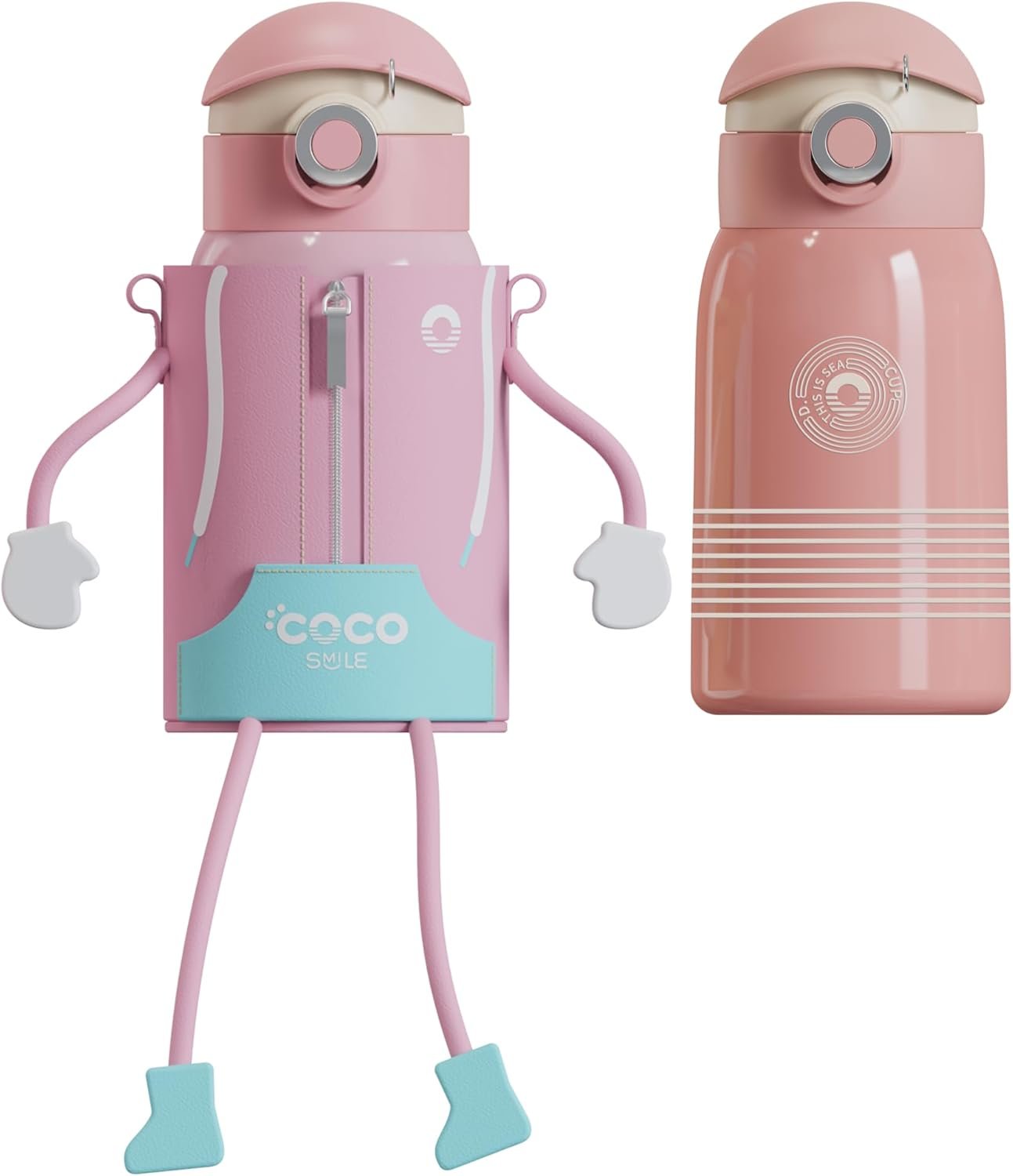 Coco Puppet Pink Fairy Thermal Vacuum Insulated Water Bottle with Zipper Sleeve, Durable Design, Easy Open Button & Carrying Lanyard, Double-Walled Stainless-Steel...