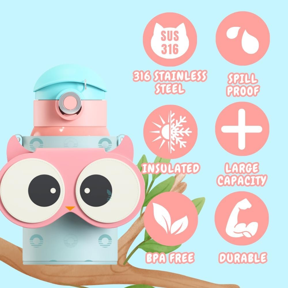 Coco Cap Owl Thermal Vacuum Insulated Water Bottle with Snap on Sleeve , Durable Design, Easy Open Button & Carrying Lanyard, Double-Walled Stainless-Steel  - copy - copy