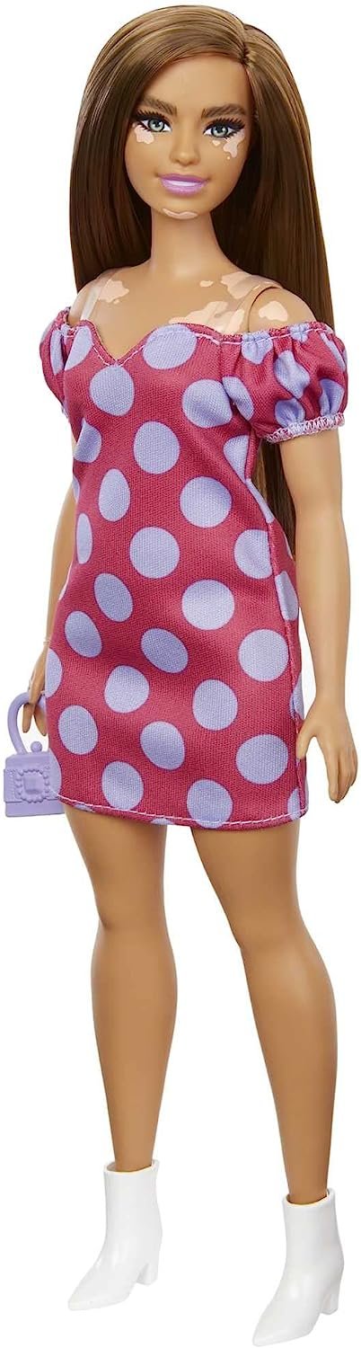 Barbie Fashionista Barbie Fashionistas Doll #171, Curvy, Vitiligo, Long Brunette Hair, Off-shoulder Polka Dot Dress