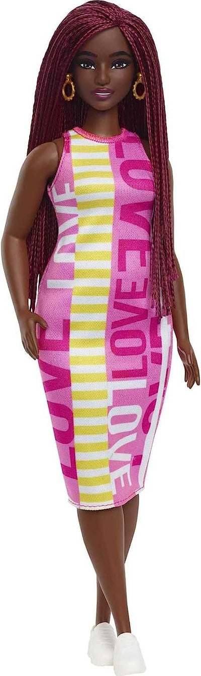 Barbie Fashionistas Doll #189 with Curvy Body, Crimson Braids, Sleeveless Love Dress & Hoop Earring Accessory