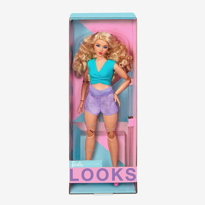 Barbie Signature Looks Barbie Looks Doll with Curly Blonde Hair Dressed in Ruched Crop Top & Satiny Lavender Shorts, Posable Made to Move Body