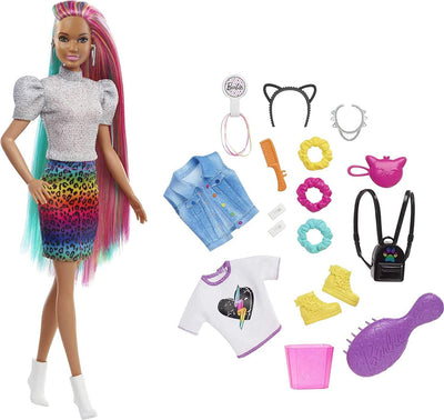 Barbie Leopard Rainbow Hair Doll (Brunette) with Color-Change Hair Feature,