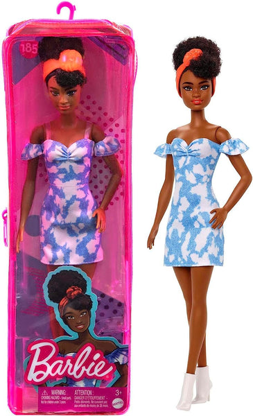 Barbie Fashionistas Doll #185 with Black Up-Do Hair, Bleached Denim Dress, Boots & Headband Accessory