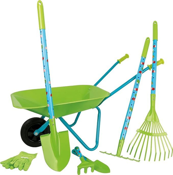 Garden Toolset with Wheelbarrow by Small Foot – 7 Piece Kids Set Includes Rake, Shovel, Hoe, Gloves & Hand Tools – Made with Durable Wood & Metal