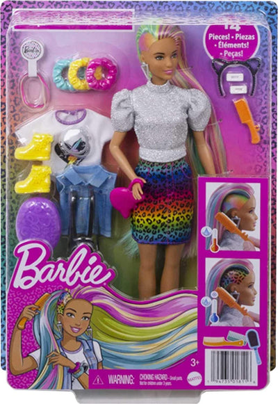 Barbie Leopard Rainbow Hair Doll (Brunette) with Color-Change Hair Feature,