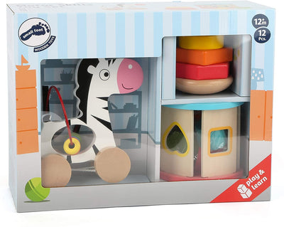 small foot wooden toys Motor Skills Toy Playset Collection with Pull-Along Zebra, Stacking Tower & Shape Sorting