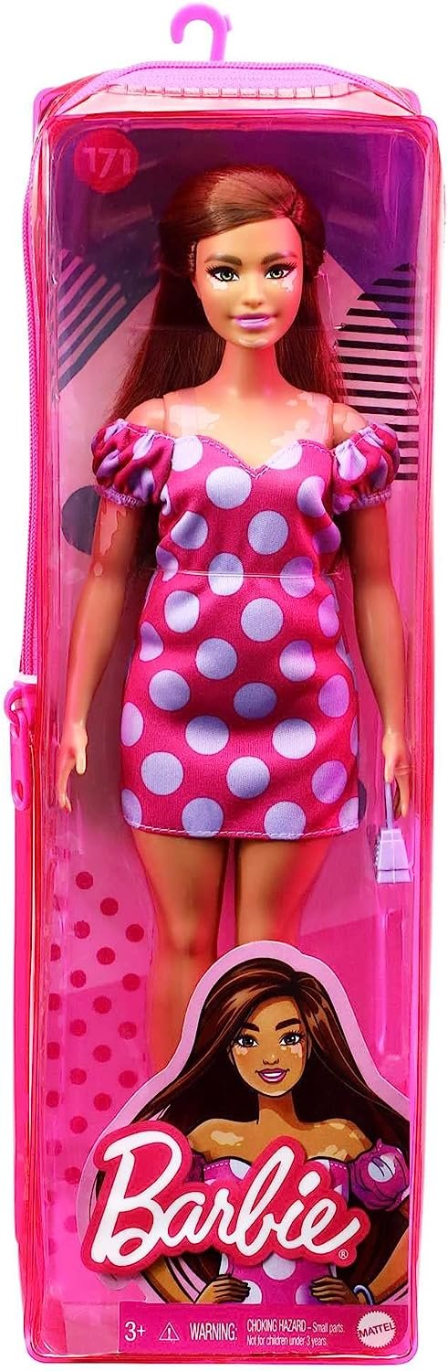 Barbie Fashionista Barbie Fashionistas Doll #171, Curvy, Vitiligo, Long Brunette Hair, Off-shoulder Polka Dot Dress