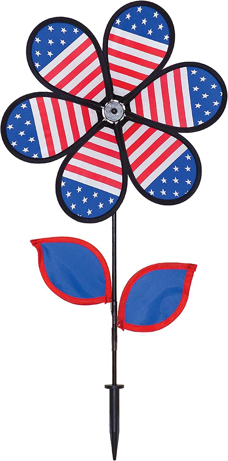 In the Breeze 2788 — Patriotic Flower Spinner with Leaves, 12-Inch — Colorful Stars and Stripes Wind Spinner for Yards and Gardens