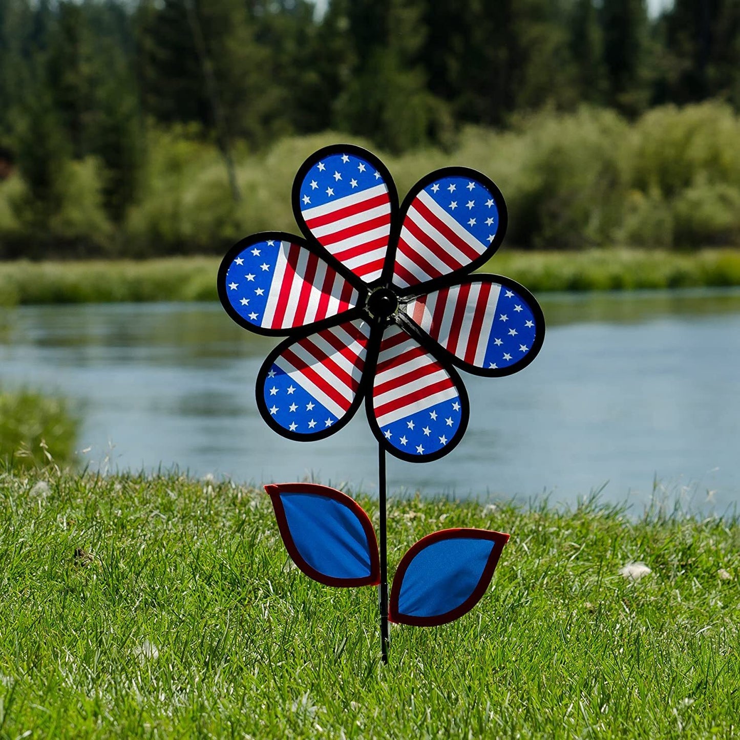 In the Breeze 2788 — Patriotic Flower Spinner with Leaves, 12-Inch — Colorful Stars and Stripes Wind Spinner for Yards and Gardens