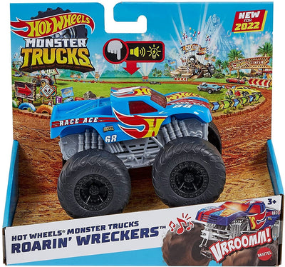 Hot Wheels Monster Roarin’ Wreckers Race Ace Truck with Lights & Sounds, Engine Revving & Crushing Noises, Cab Light, Plays Hero’s Theme Song, Gift for Kids 3 Years & Up