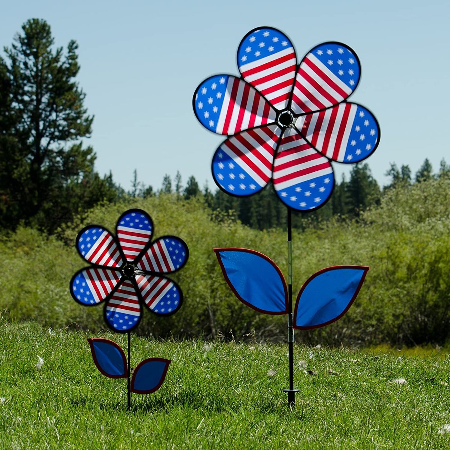 In the Breeze 2788 — Patriotic Flower Spinner with Leaves, 12-Inch — Colorful Stars and Stripes Wind Spinner for Yards and Gardens