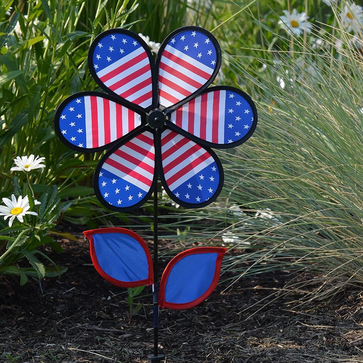 In the Breeze 2788 — Patriotic Flower Spinner with Leaves, 12-Inch — Colorful Stars and Stripes Wind Spinner for Yards and Gardens