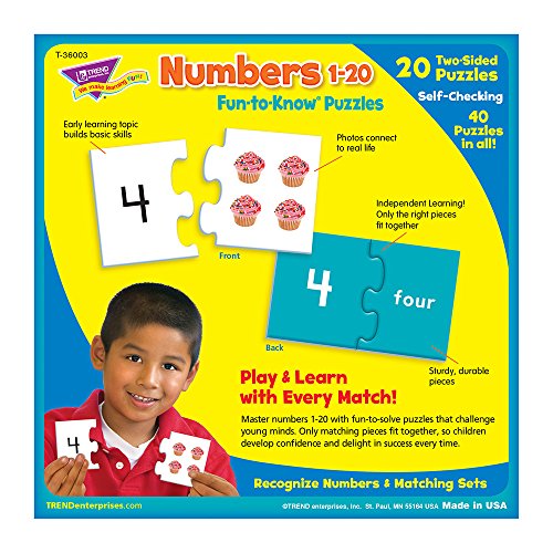 TREND ENTERPRISES: Fun-to-Know Puzzles: Numbers 1-20, Learn Numbers, Counting & Sets, 20 Two-Sided Puzzles, Self-Checking, 40 Puzzles Total, For Ages 3 and Up