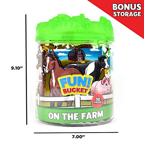 Sunny Days Entertainment Farm Animals Bucket – 56 Piece Toy Play Set for Kids | Horses and More Plastic Figures Playset with Storage Bucket