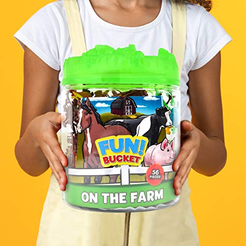 Sunny Days Entertainment Farm Animals Bucket – 56 Piece Toy Play Set for Kids | Horses and More Plastic Figures Playset with Storage Bucket