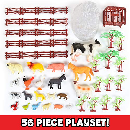 Sunny Days Entertainment Farm Animals Bucket – 56 Piece Toy Play Set for Kids | Horses and More Plastic Figures Playset with Storage Bucket