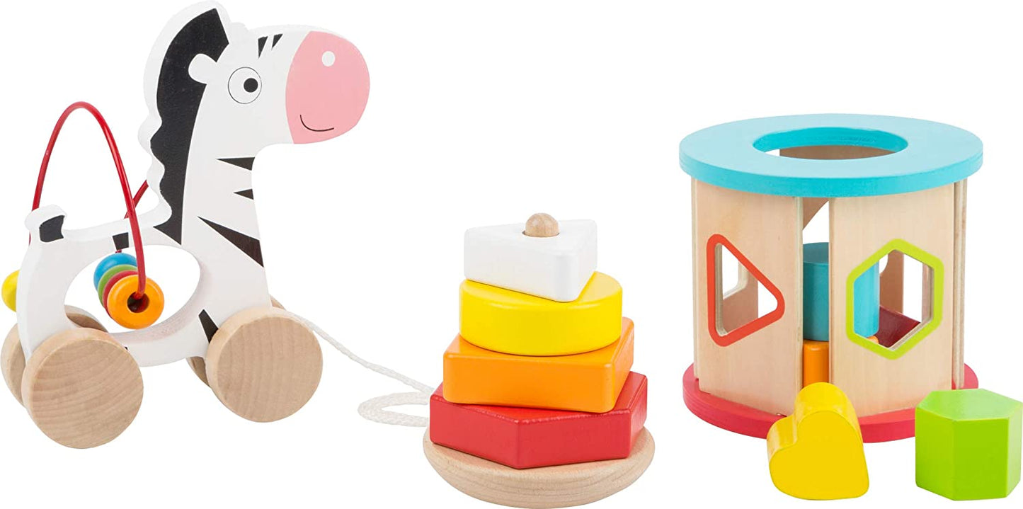 small foot wooden toys Motor Skills Toy Playset Collection with Pull-Along Zebra, Stacking Tower & Shape Sorting