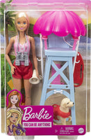 Barbie Lifeguard Playset, Blonde Doll (12-in), Swim Outfit, Lifeguard Chair, Umbrella, Megaphone, Binoculars, 2 Flags, Dog Figure & More, Great Gift for Ages 3 & Up