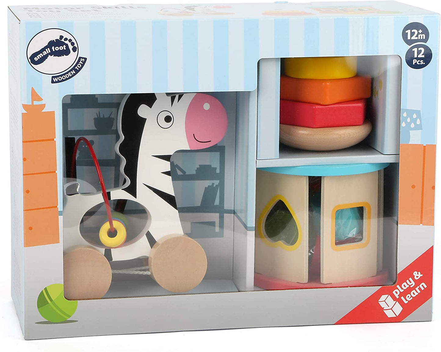 small foot wooden toys Motor Skills Toy Playset Collection with Pull-Along Zebra, Stacking Tower & Shape Sorting