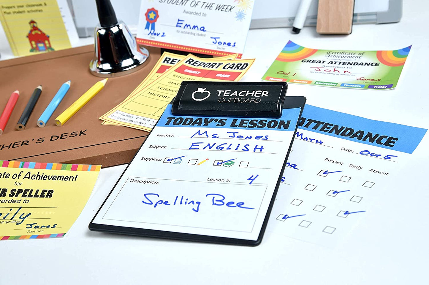 Ben Franklin Toys Play Teacher Role-Play Set Includes Reusable White Board, Bell, Report Cards, for Home or Classroom