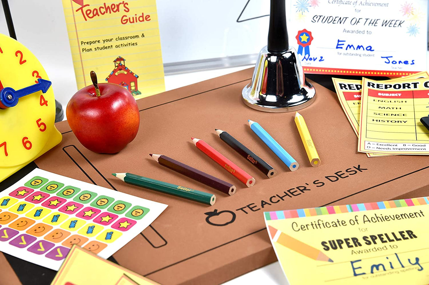 Ben Franklin Toys Play Teacher Role-Play Set Includes Reusable White Board, Bell, Report Cards, for Home or Classroom