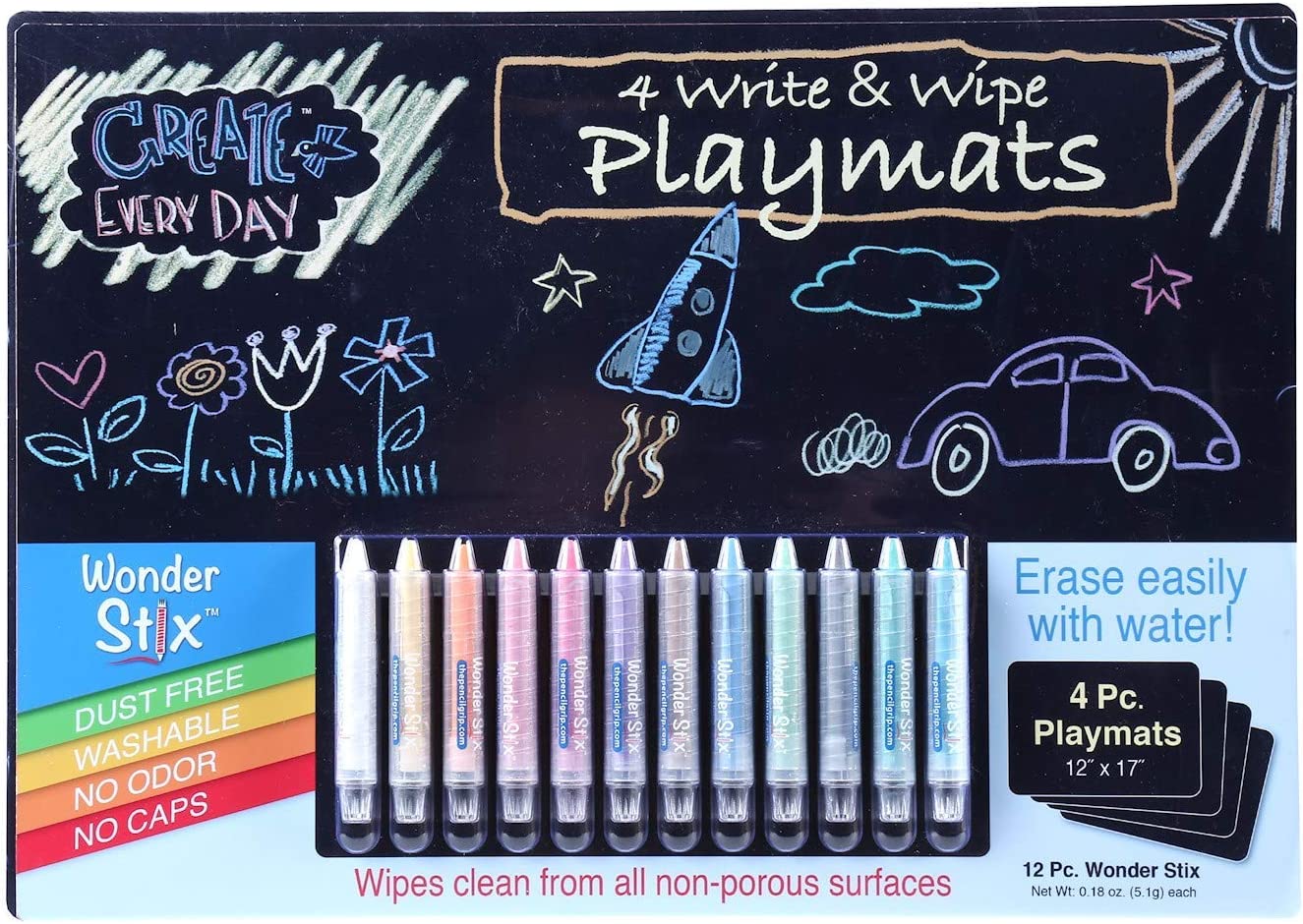 The Pencil Grip Black Board Playmat Kit with 12 Wonder Stix, 12" x 17", 4 Boards