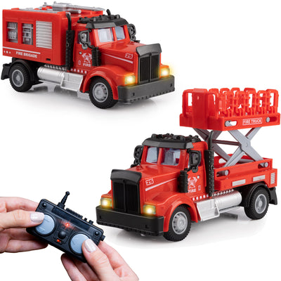 Force1 Mini RC Firetrucks Toys for Kids - 2 Pack Remote Control Kid Fire Trucks Toy Set with Mini Spray and Lift Toy Fire Trucks for Boys or Girls, Rechargeable 2.4GHz Remote Toy Firetruck with Lights