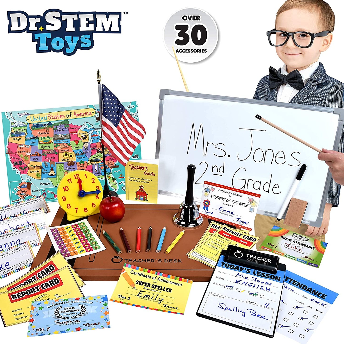 Ben Franklin Toys Play Teacher Role-Play Set Includes Reusable White Board, Bell, Report Cards, for Home or Classroom