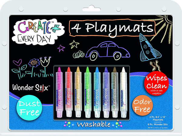 The Pencil Grip 8.5 x 12 Inch Playmat Kit, Includes 4 Black Board Placemats and 8 Piece Wonder Stix (TPG-648), Assorted