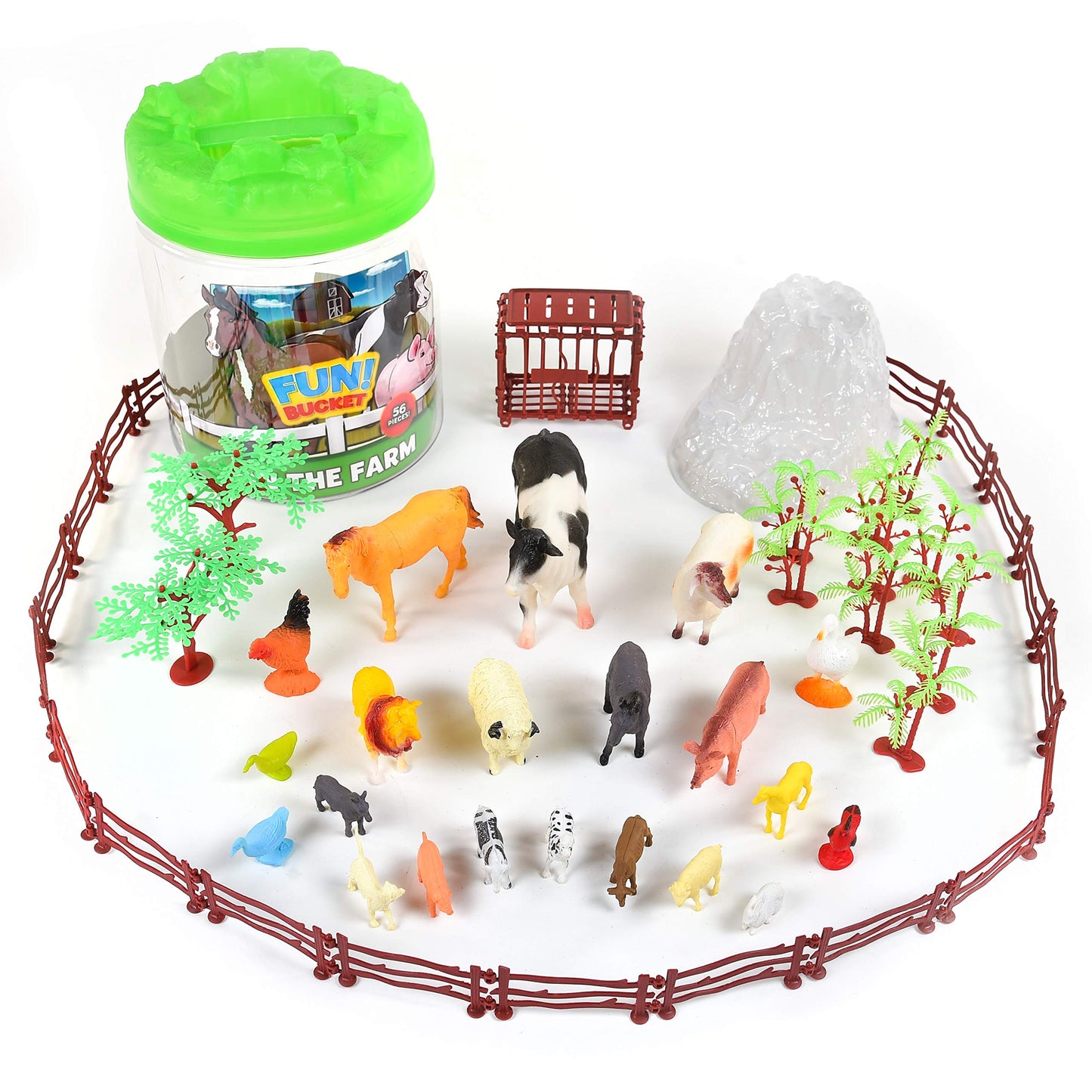 Sunny Days Entertainment Farm Animals Bucket – 56 Piece Toy Play Set for Kids | Horses and More Plastic Figures Playset with Storage Bucket