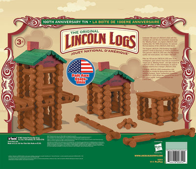 Lincoln Logs 100th Anniversary Tin-111 Pieces-Real Wood Logs-Ages 3+
