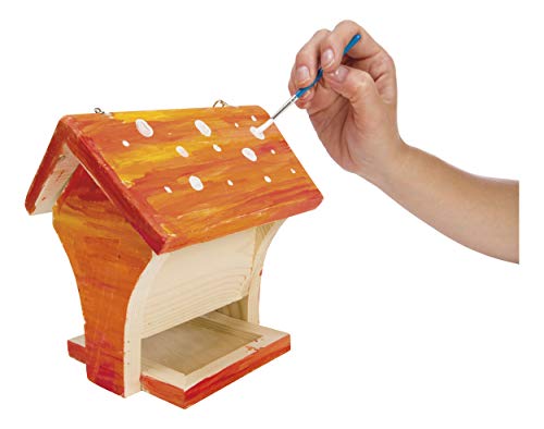 Toysmith Beetle & Bee Build & Paint A Bird Bistro - DIY Kid Art Craft Outdoor Birdhouse Kit, 5.25" x 7" x 6.5", Fully Assembled to Decorate- 4 Paints, 1 Brush, Chain for Tree Hanging, Age 3+